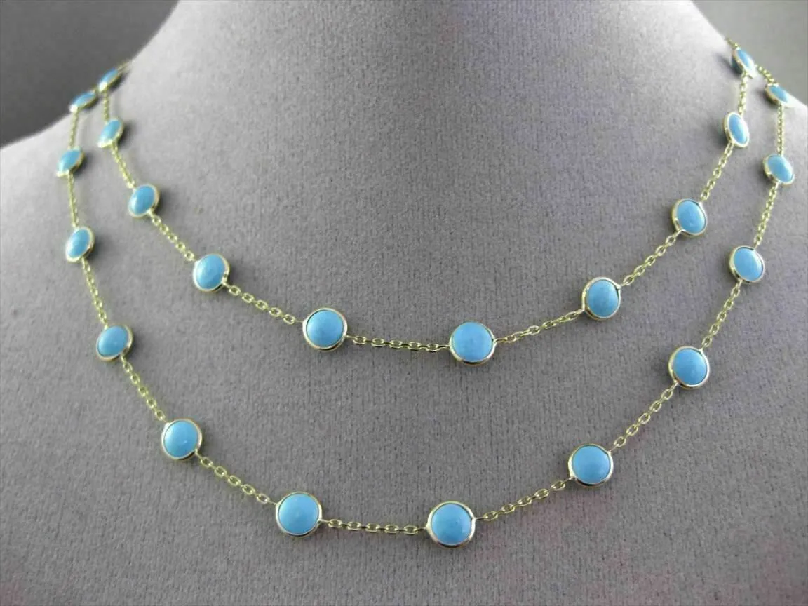 ANTIQUE EXTRA LONG 14KT YELLOW GOLD ROUND TURQUOISE BY THE YARD 3D NECKLACE