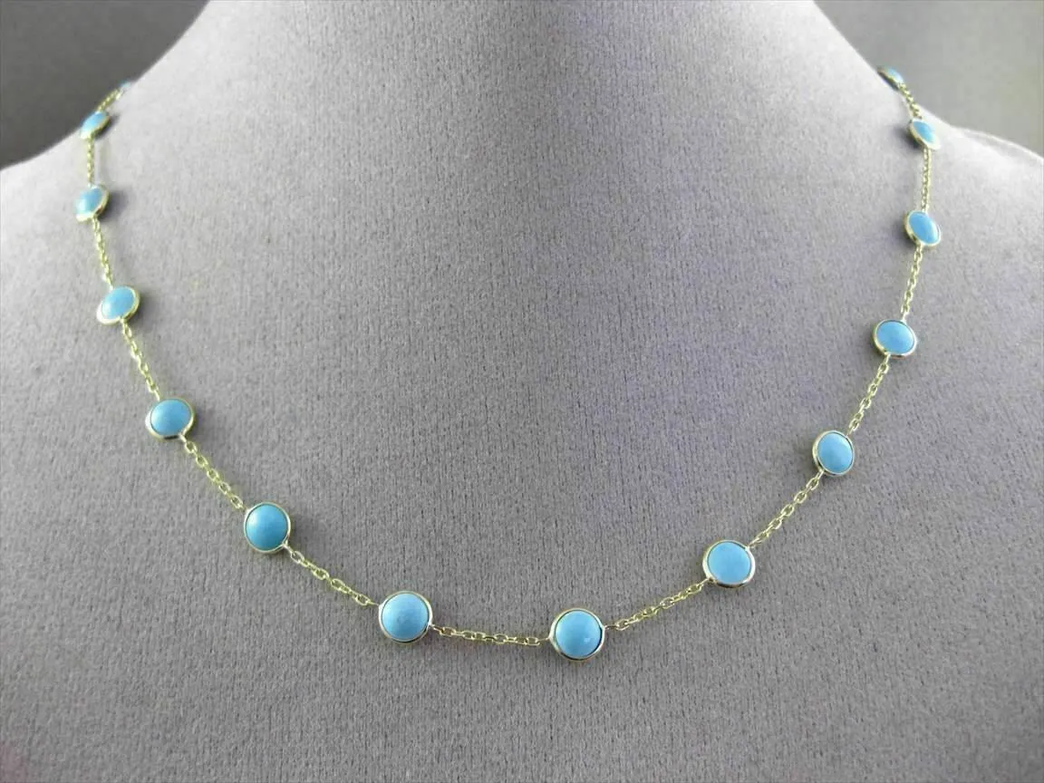 ANTIQUE EXTRA LONG 14KT YELLOW GOLD ROUND TURQUOISE BY THE YARD 3D NECKLACE