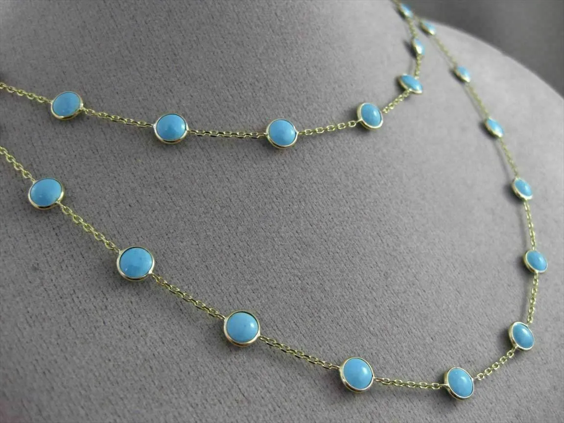 ANTIQUE EXTRA LONG 14KT YELLOW GOLD ROUND TURQUOISE BY THE YARD 3D NECKLACE