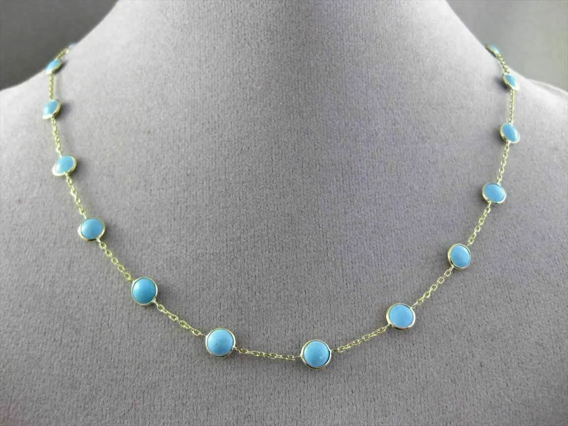 ANTIQUE EXTRA LONG 14KT YELLOW GOLD ROUND TURQUOISE BY THE YARD 3D NECKLACE