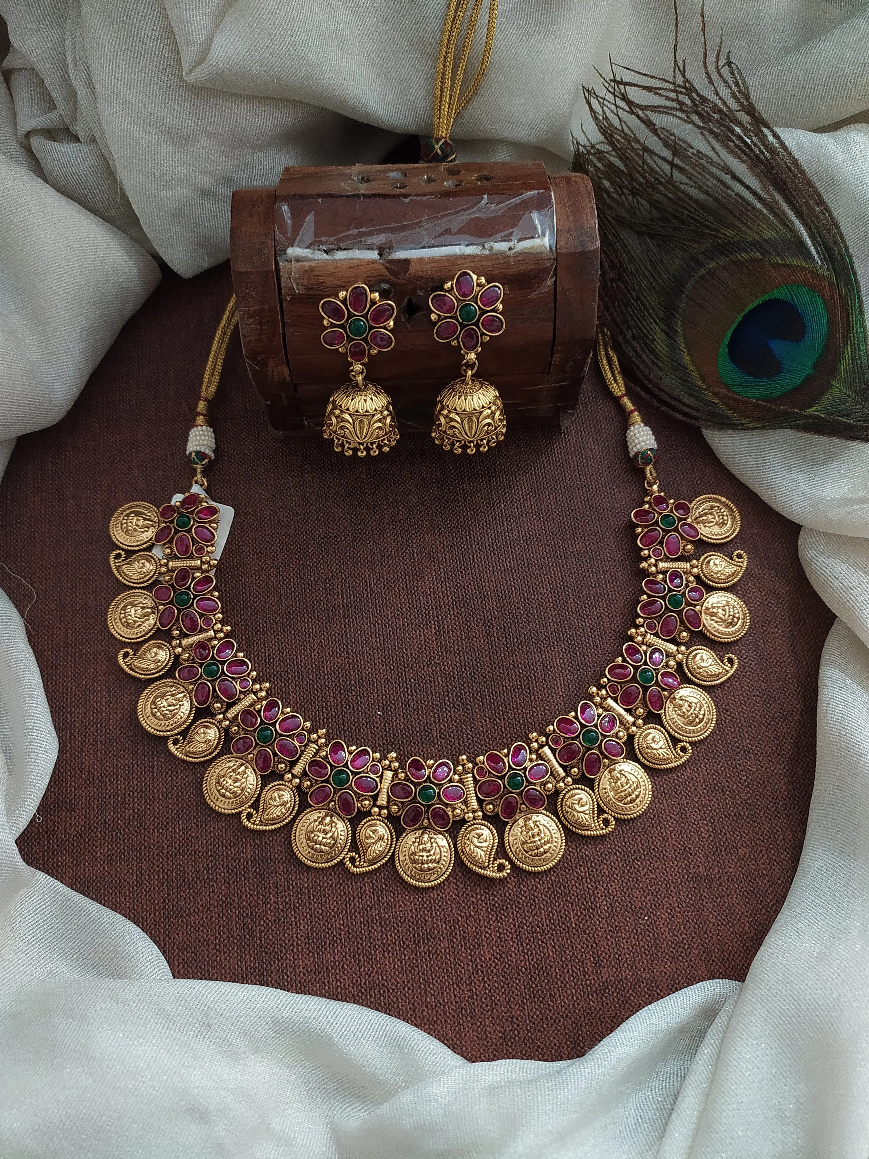 Antique Floral and Mango Design Necklace Set with Lakshmi Coins