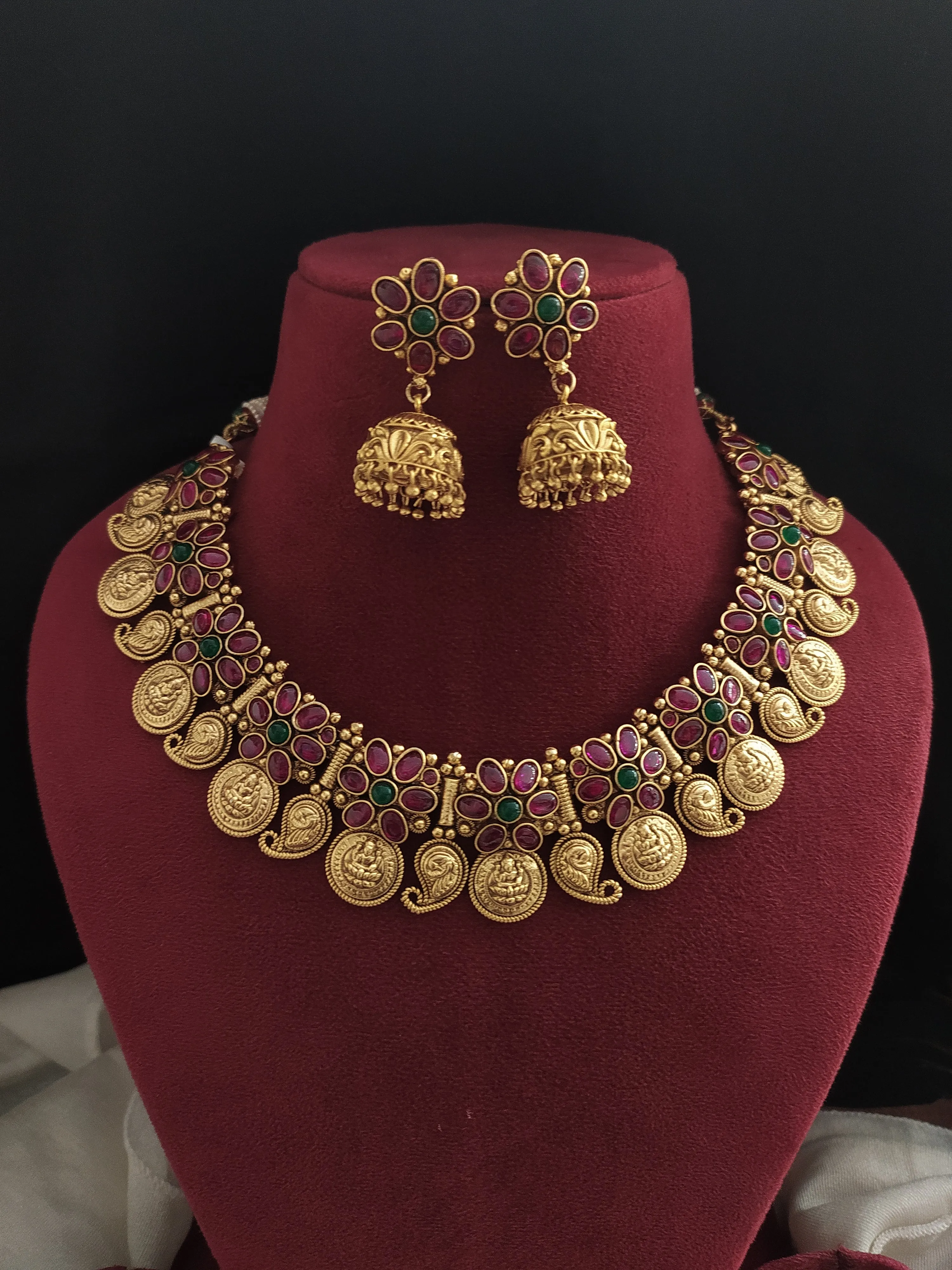 Antique Floral and Mango Design Necklace Set with Lakshmi Coins