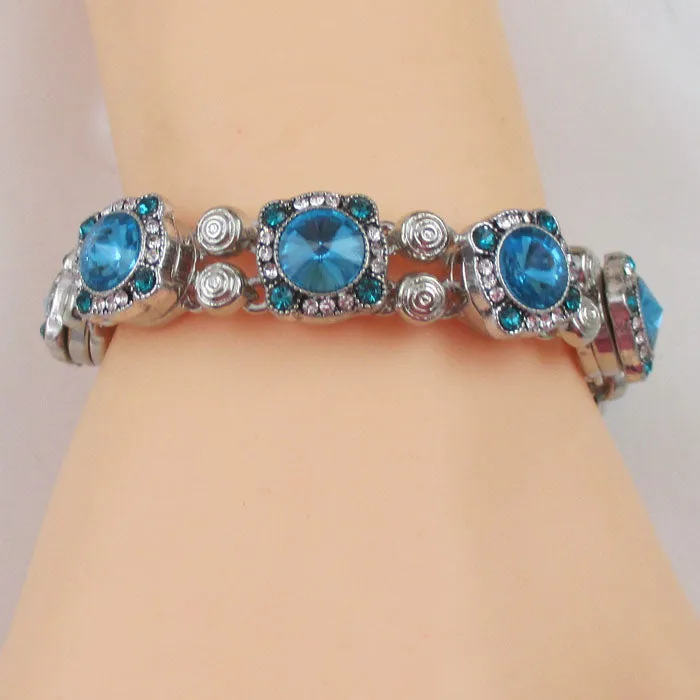 Aqua Rhinestone Silver Bangle Bracelet