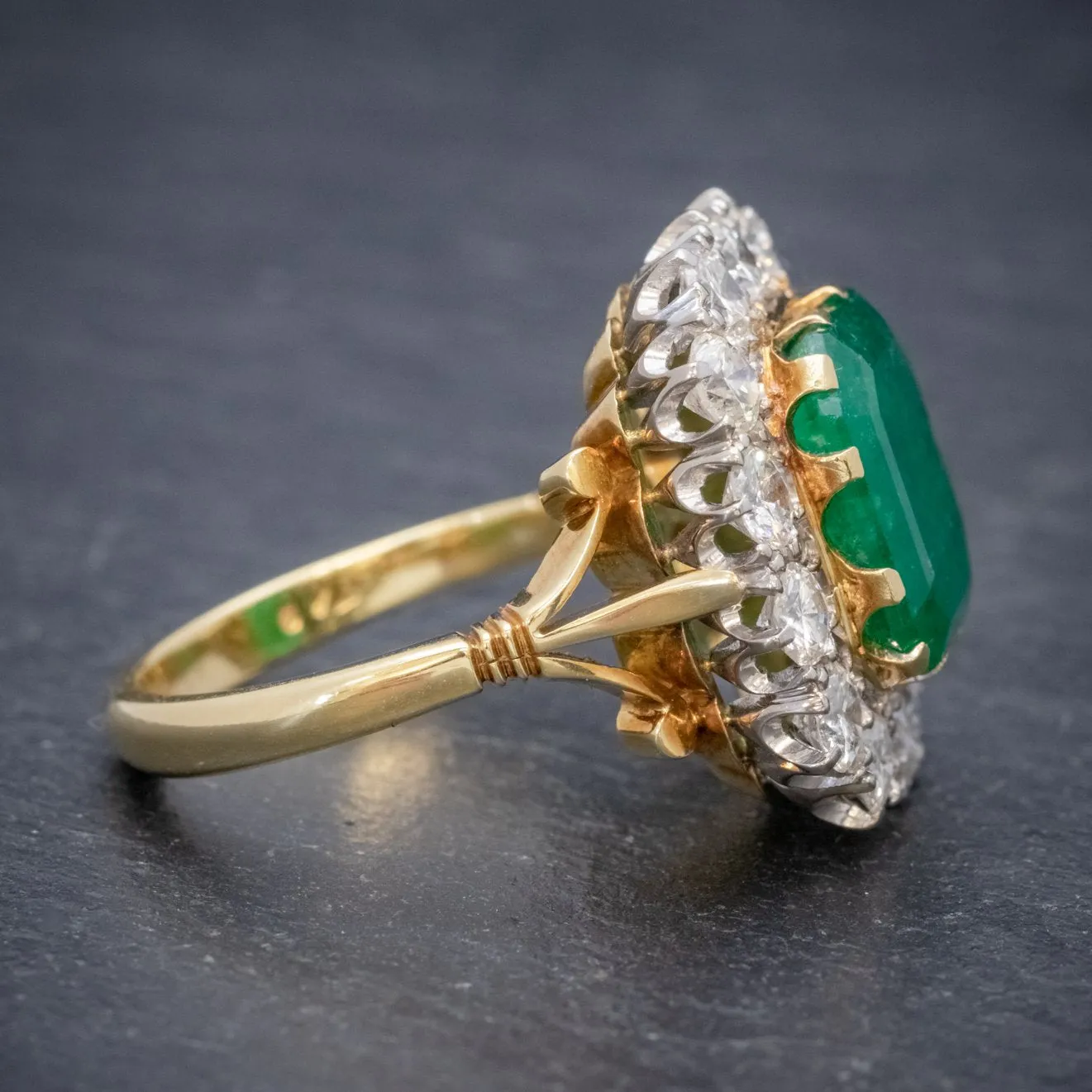 Art Deco Emerald Diamond Cluster Ring 18ct Gold 4.50ct Emerald Circa 1920