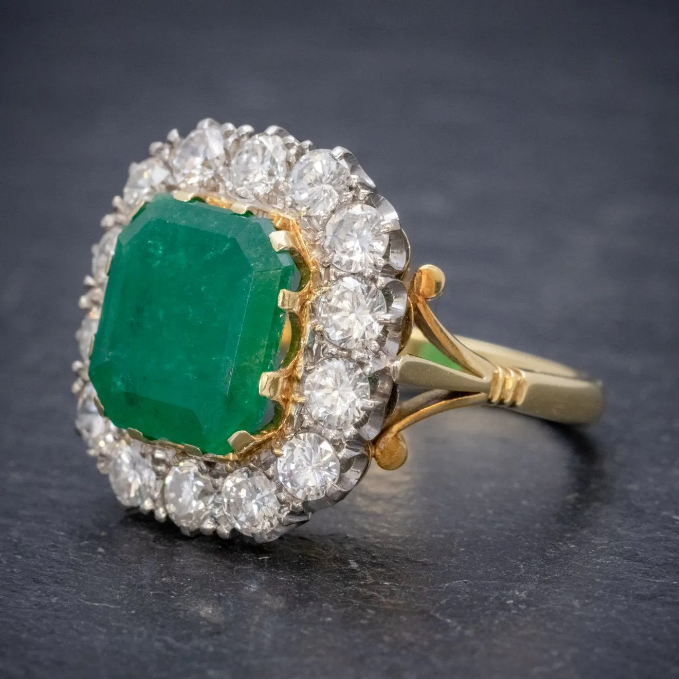 Art Deco Emerald Diamond Cluster Ring 18ct Gold 4.50ct Emerald Circa 1920