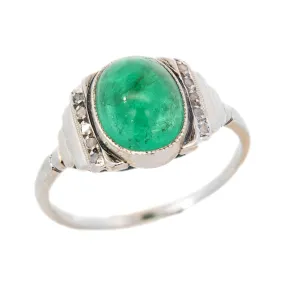 Art Deco Platinum 2.50ctw Cabochon Emerald & Diamond Ring