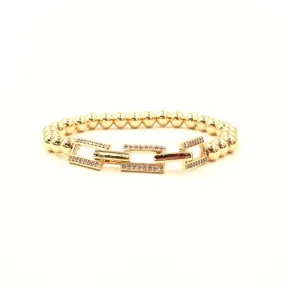 Ashley Gold Stainless Steel Gold Plated 3 CZ Encrusted Link Chain Stretch Beaded Bracelet