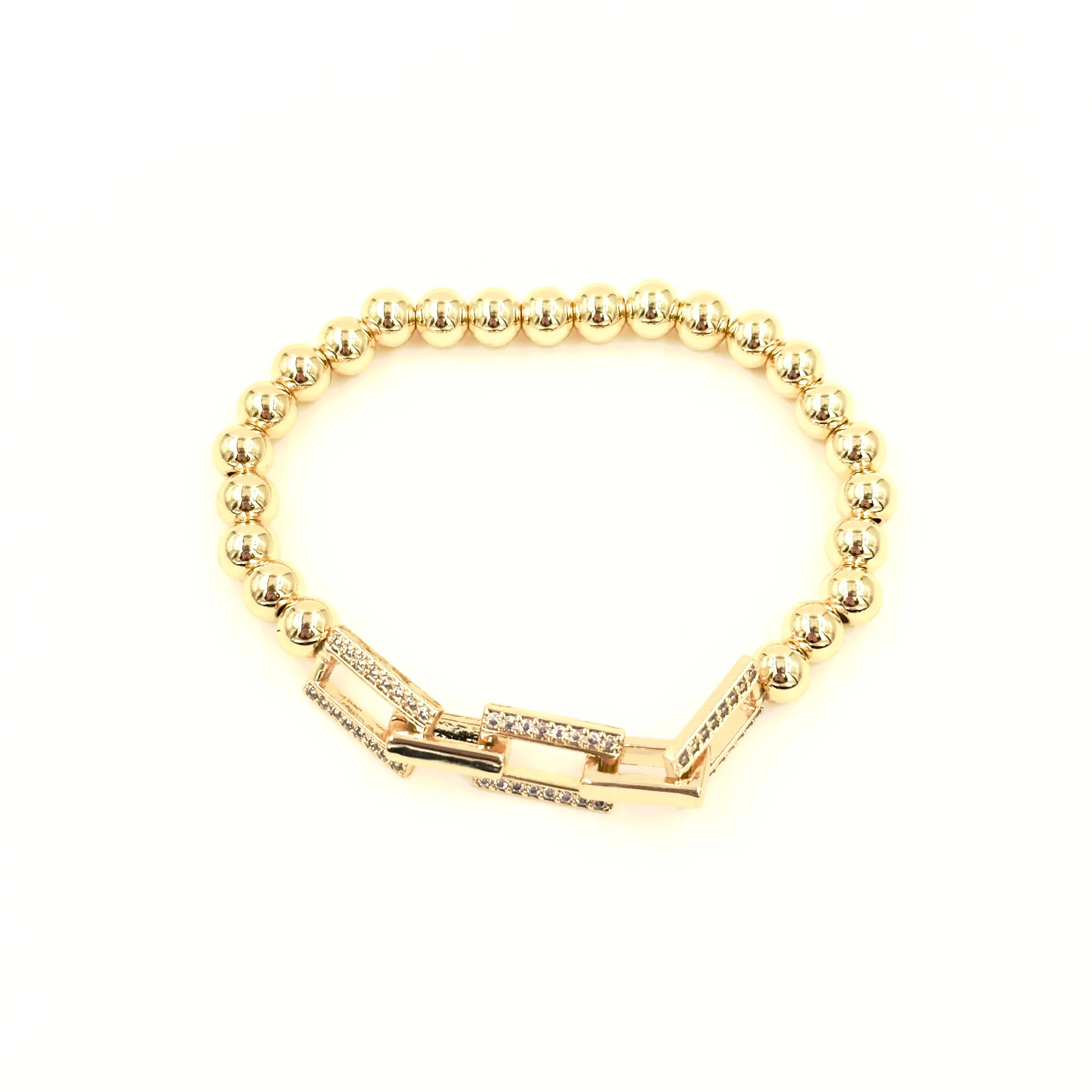 Ashley Gold Stainless Steel Gold Plated 3 CZ Encrusted Link Chain Stretch Beaded Bracelet