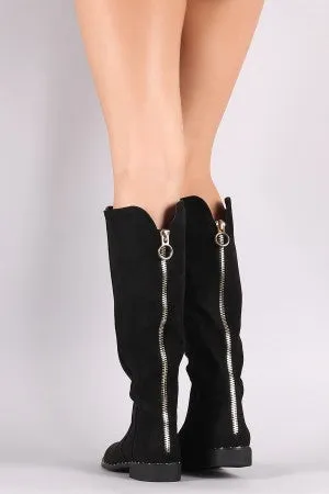 Bamboo Suede Back Zipper Accent Riding Knee High Boots