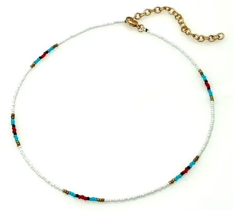 Beaded Necklace with White Red and Turquoise beads