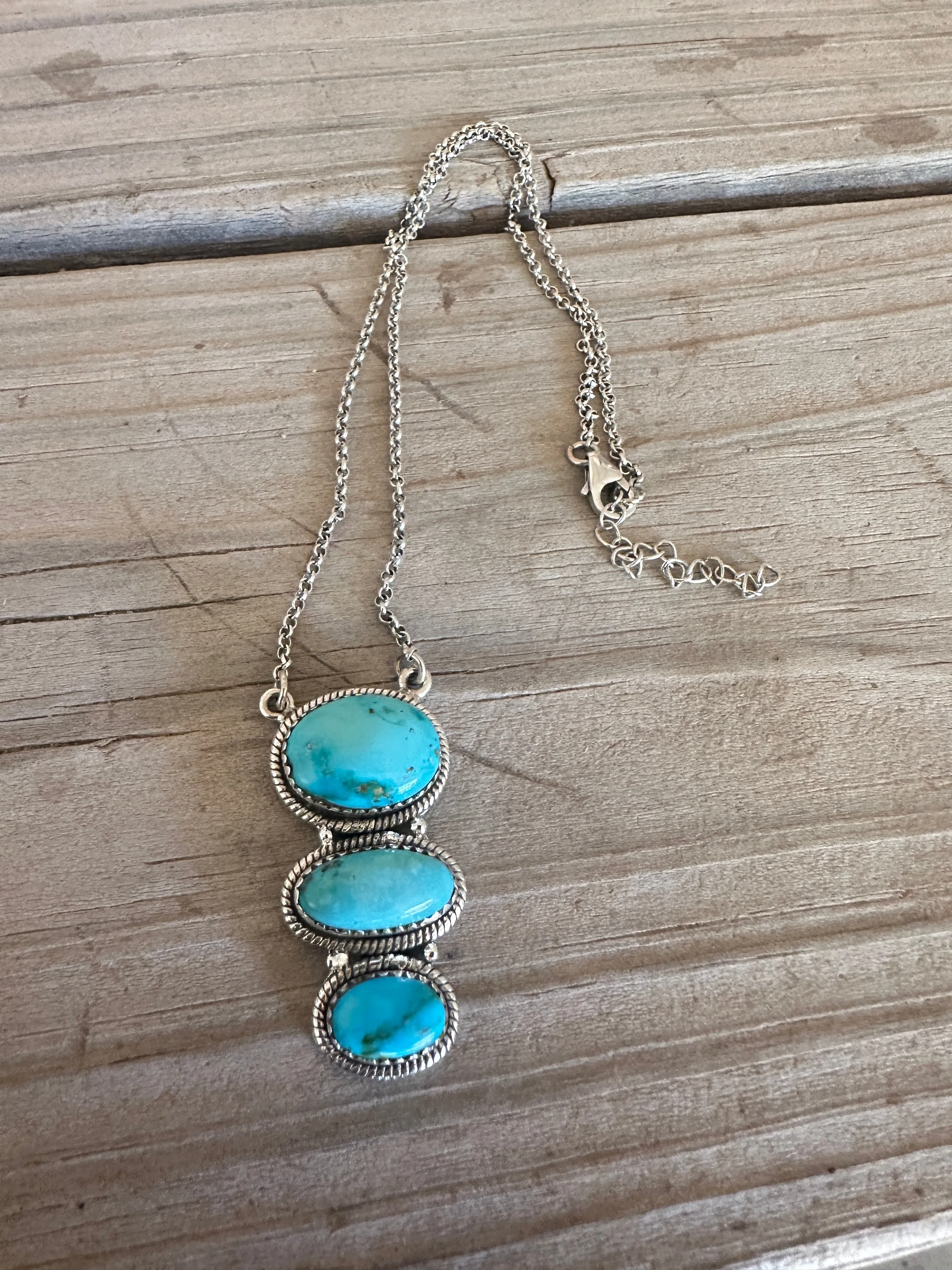 Beautiful Handmade Sterling Silver & 3 Stone Sonoran Mountain Turquoise Drop Necklace