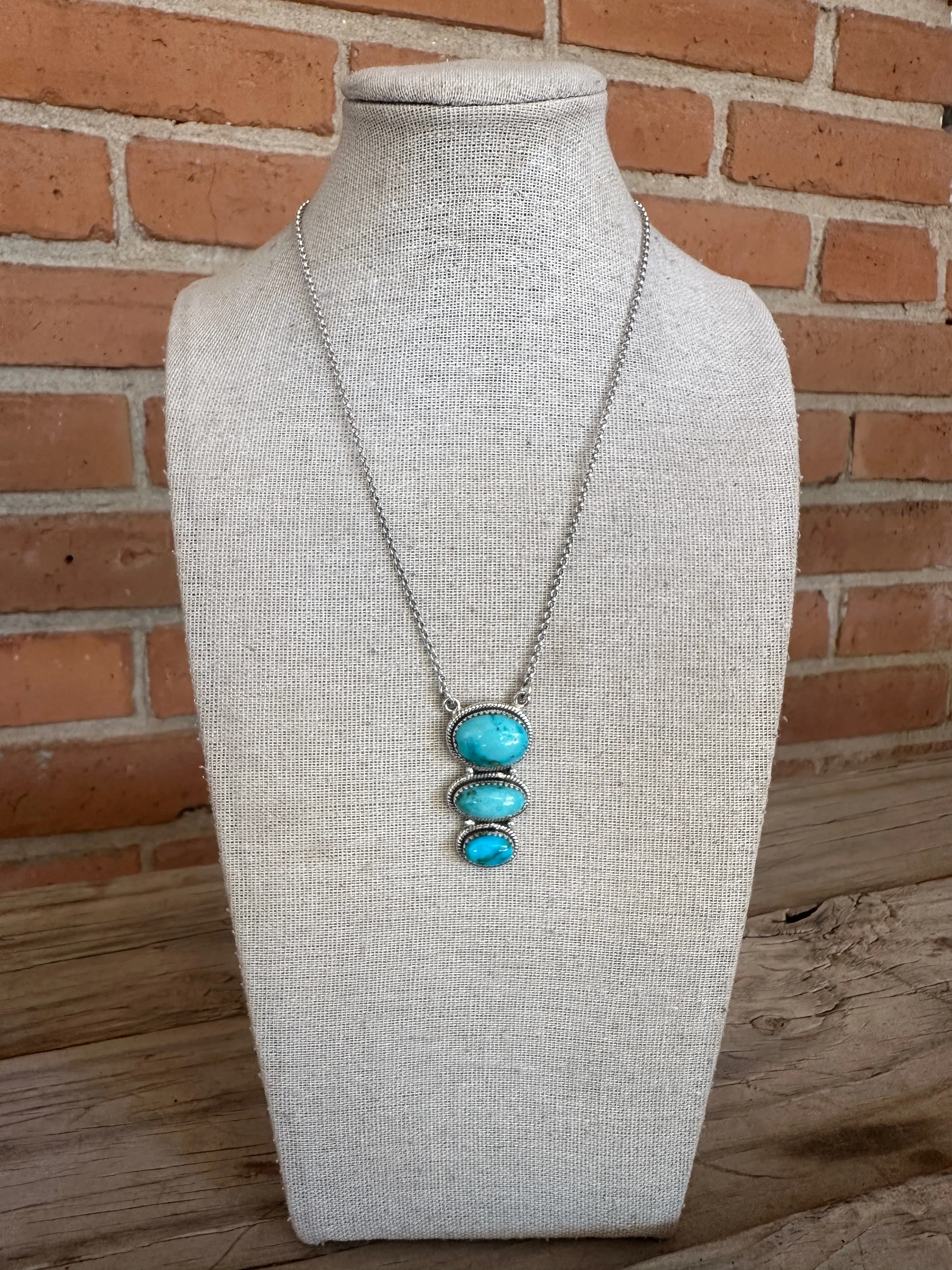 Beautiful Handmade Sterling Silver & 3 Stone Sonoran Mountain Turquoise Drop Necklace