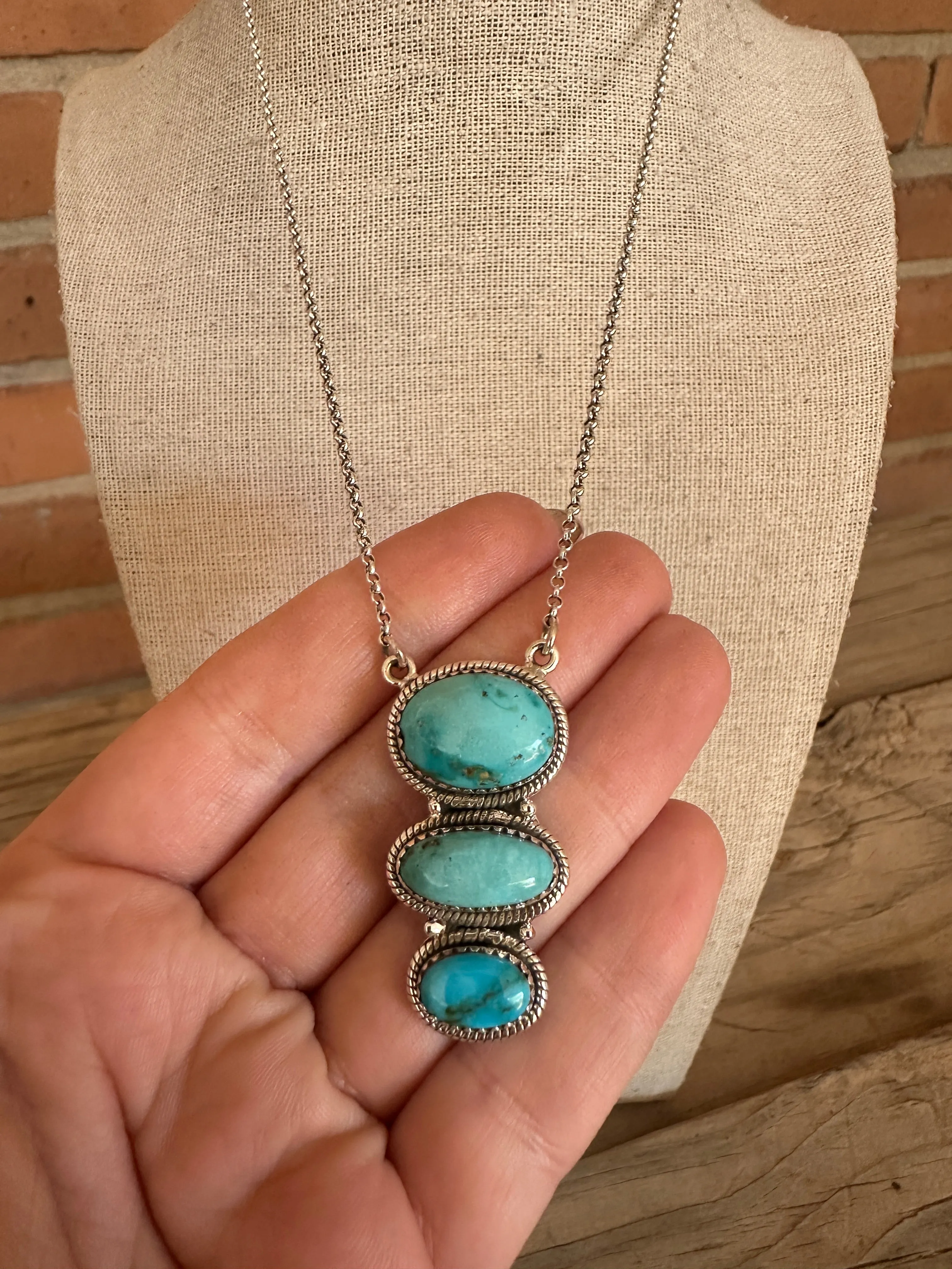 Beautiful Handmade Sterling Silver & 3 Stone Sonoran Mountain Turquoise Drop Necklace