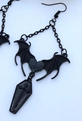 Black Heart Bat Wing Earring w/ Hanging Coffin