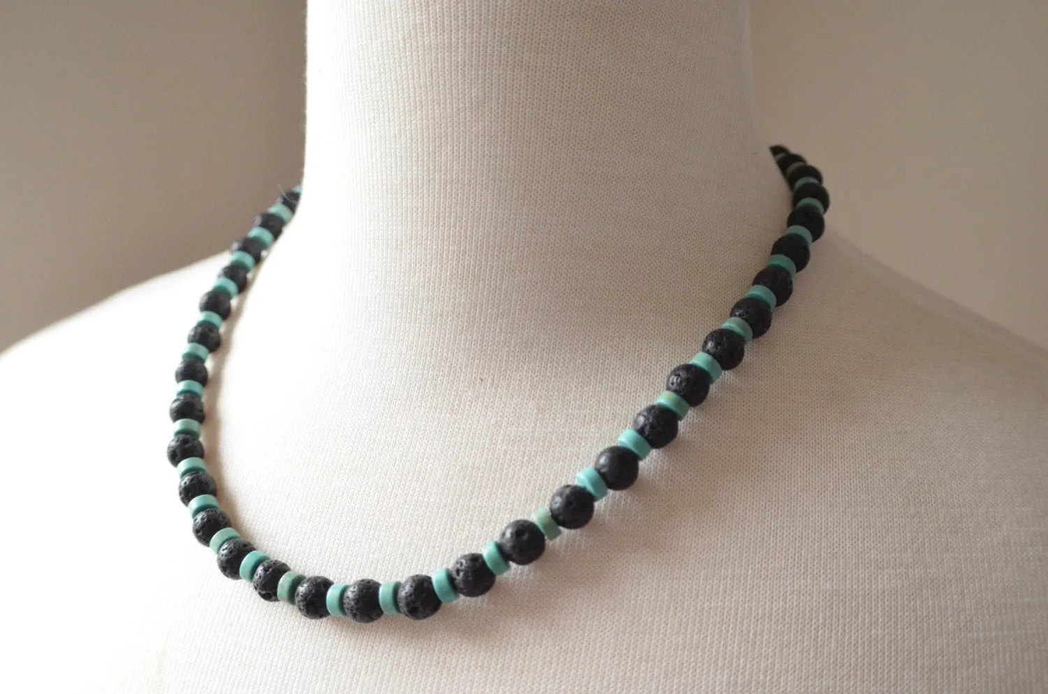 Black Lava Rock Turquoise Mens Surfer Beaded Long Necklace - Mac