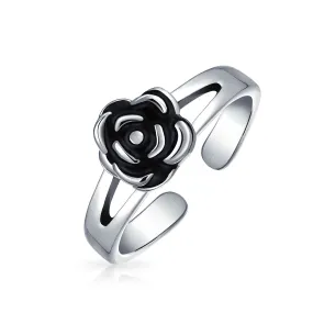 Black Rose Flower Midi Toe Ring Oxidized Silver Sterling Split Band