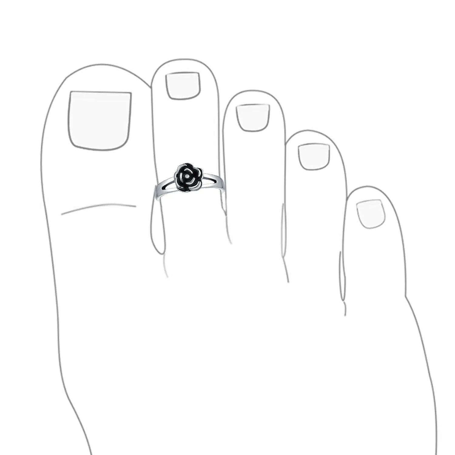 Black Rose Flower Midi Toe Ring Oxidized Silver Sterling Split Band