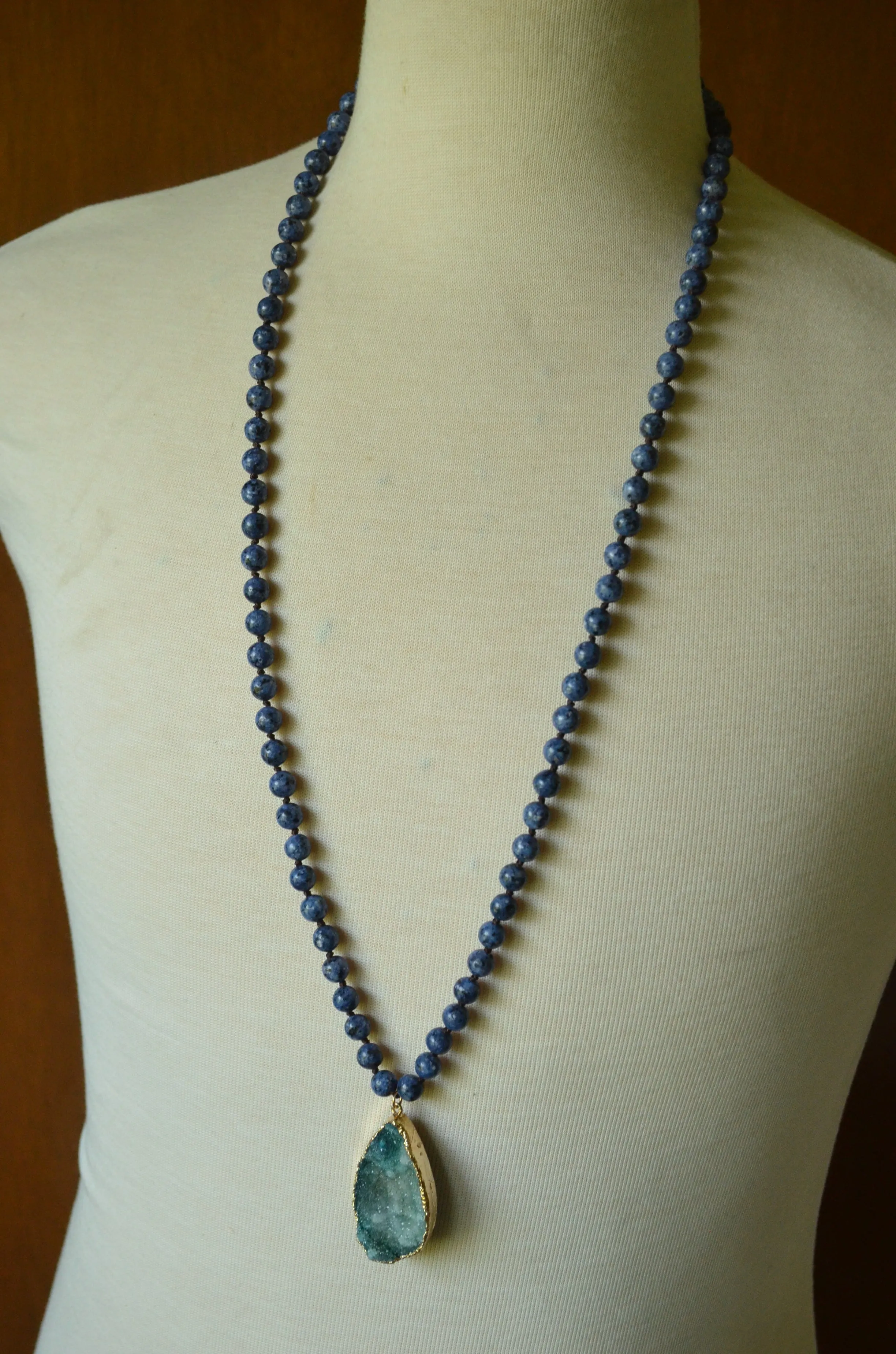 Blue Black Long Jasper Stone Bead Boho Agate Pendant Necklace - Seraphina