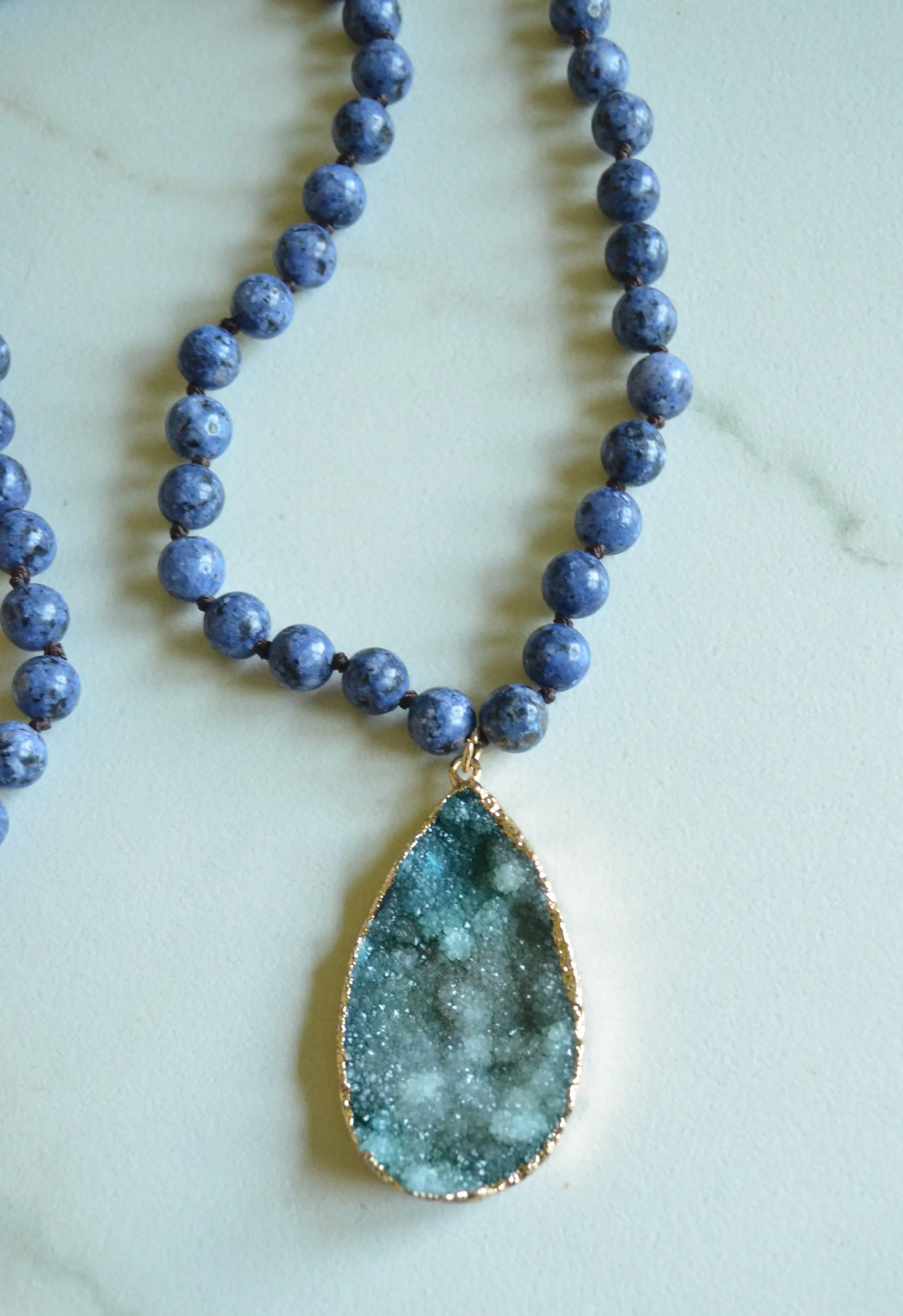 Blue Black Long Jasper Stone Bead Boho Agate Pendant Necklace - Seraphina