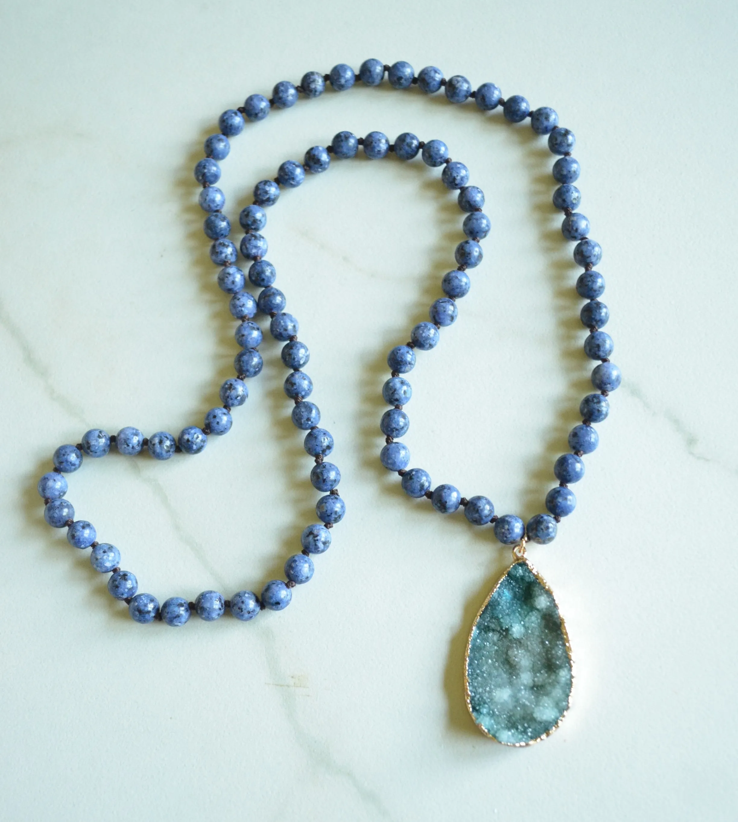 Blue Black Long Jasper Stone Bead Boho Agate Pendant Necklace - Seraphina