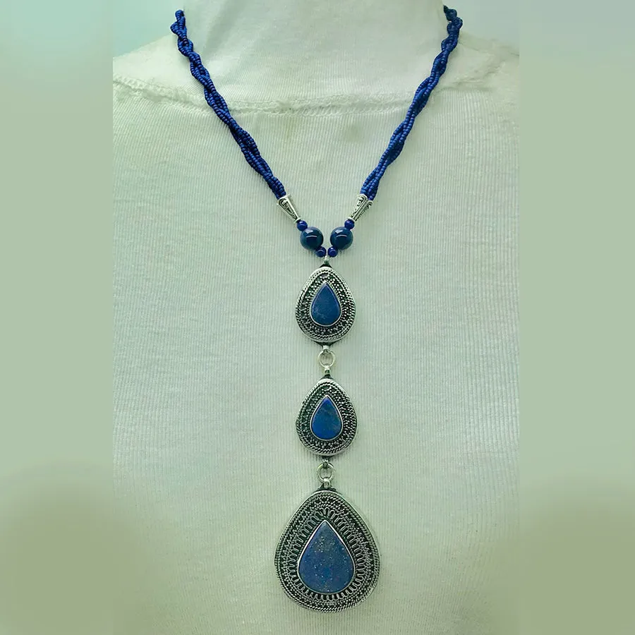 Bohemian Lapis Lazuli Stone Teardrop Pendant Necklace