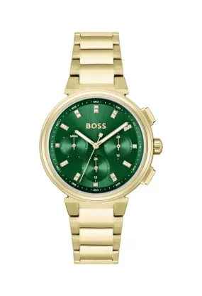 BOSS Ladies One Green Dial Bracelet Watch Gold Plated