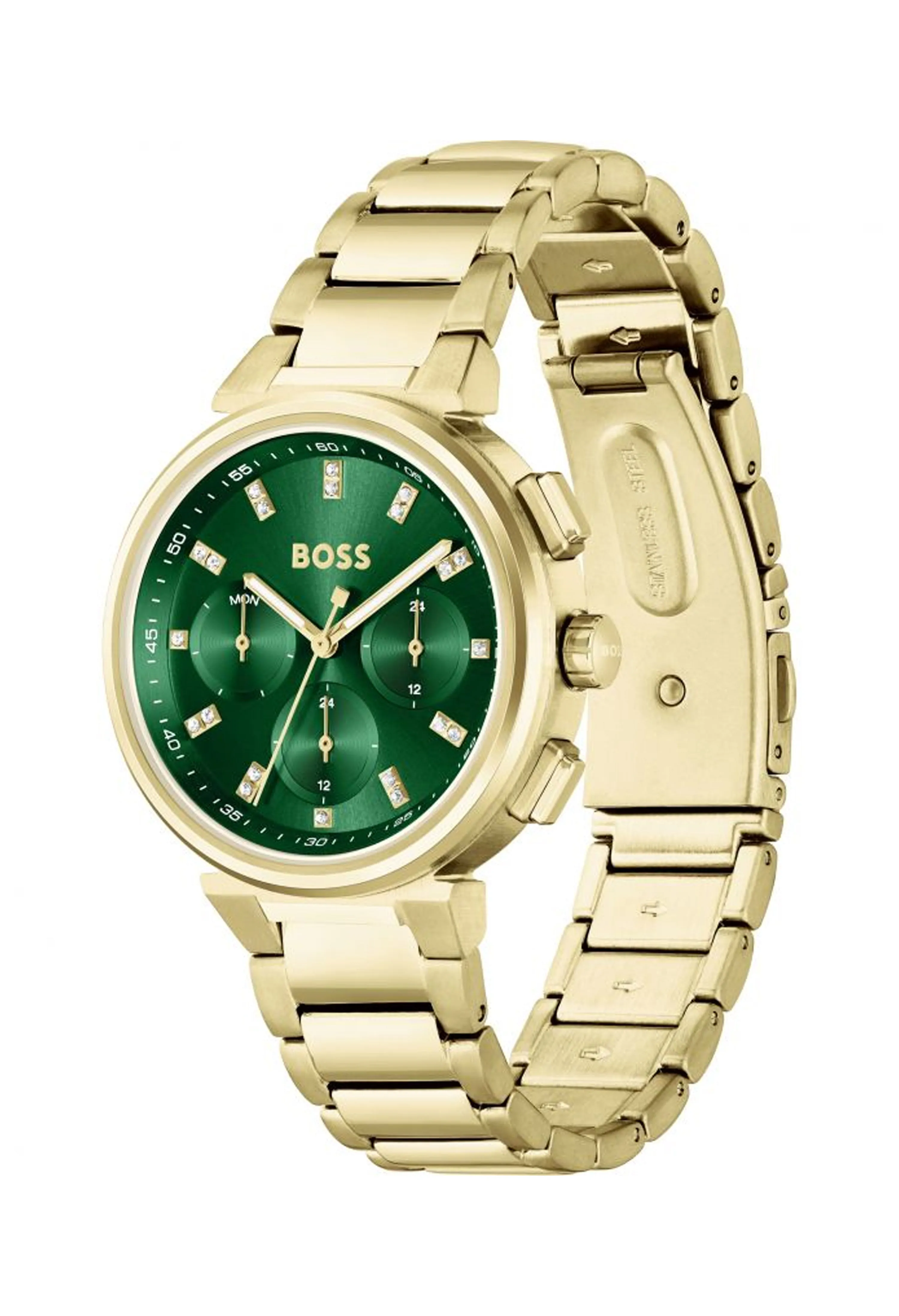 BOSS Ladies One Green Dial Bracelet Watch Gold Plated