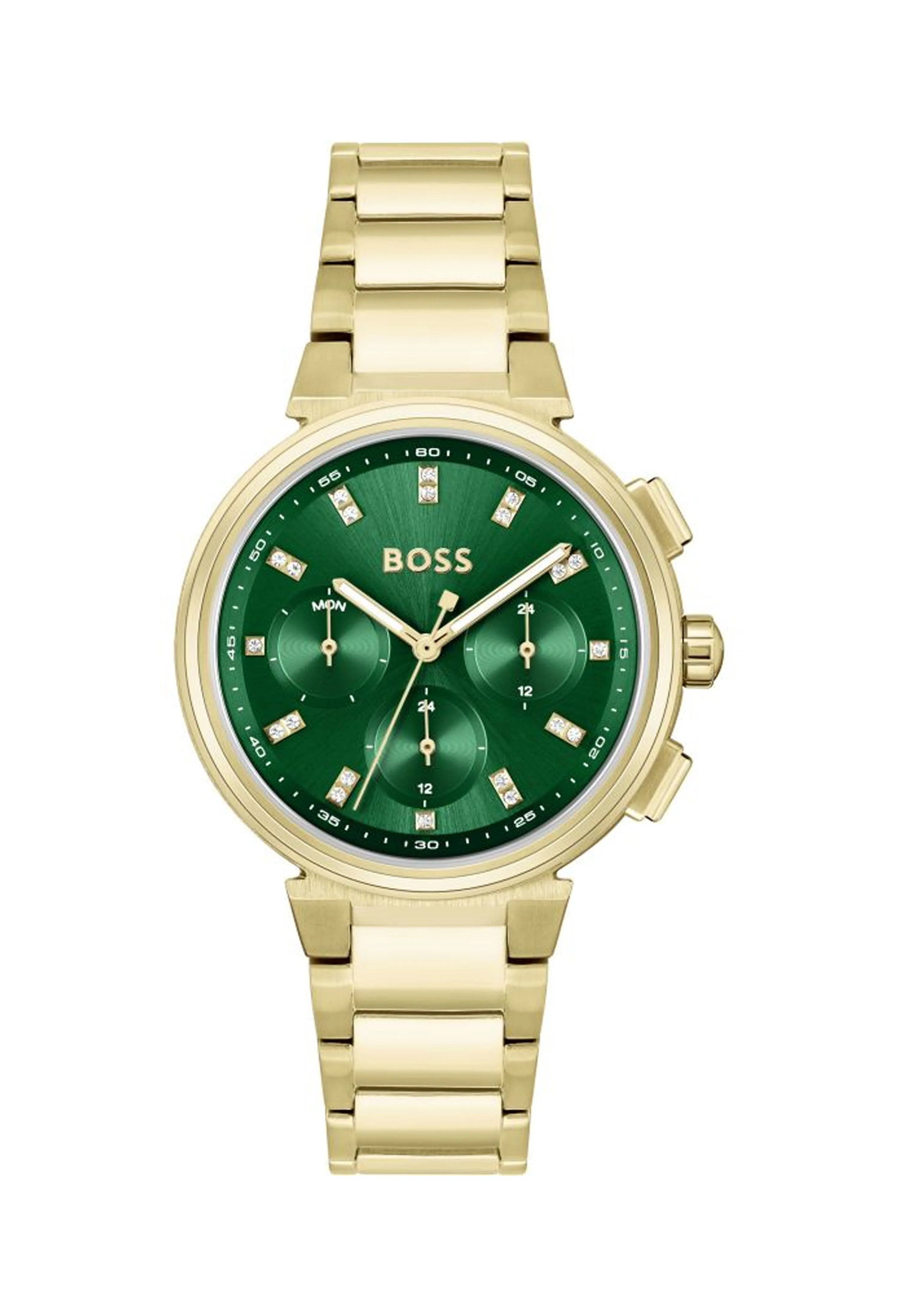 BOSS Ladies One Green Dial Bracelet Watch Gold Plated