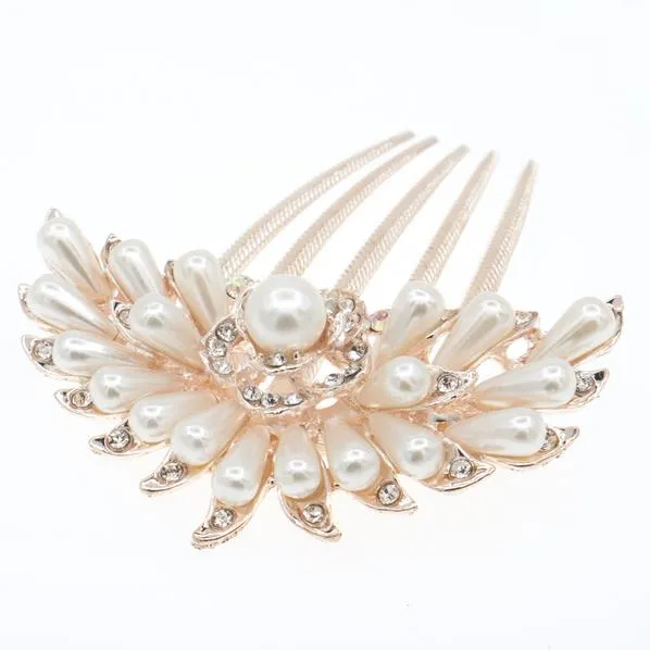 Bridal Glass Pearl French Twist Up-do Comb with Rhinestones Blooming Flower