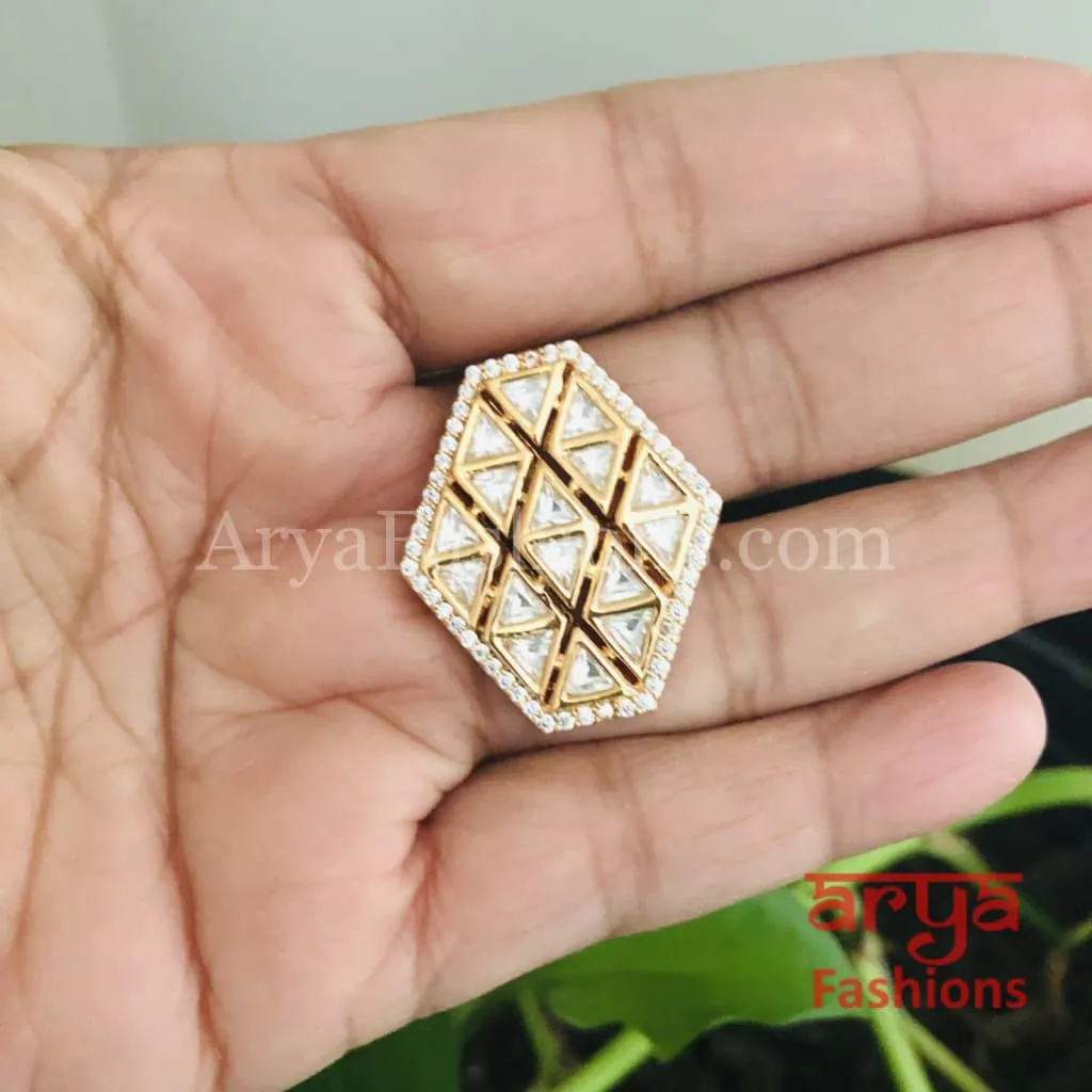 Bridal Jadau Kundan CZ Ring in Hexagon shape