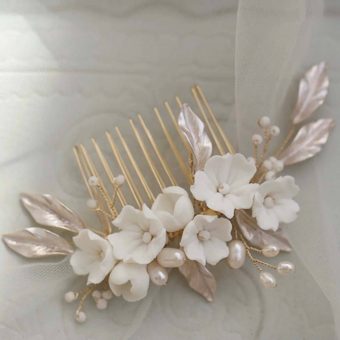 C194 boho bridal hair comb, clay flower with silver/champagne leaves