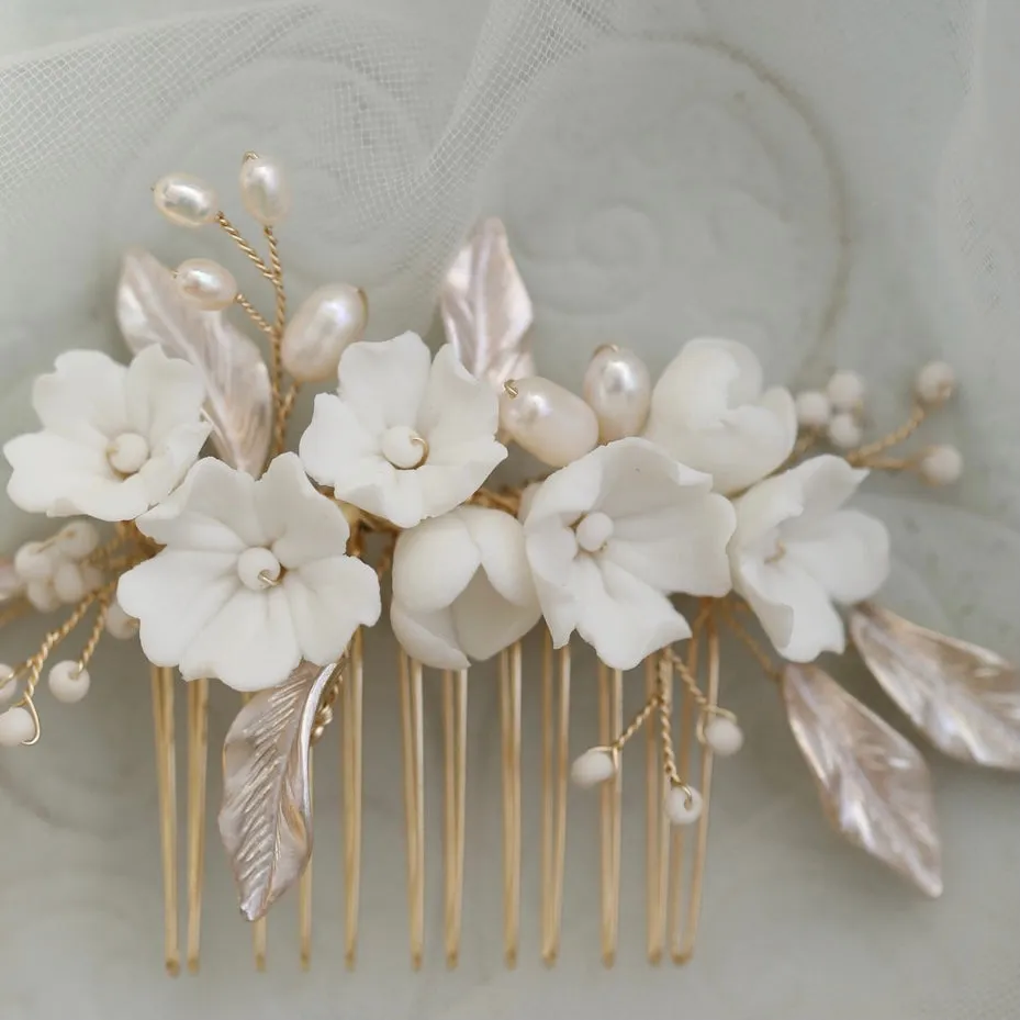 C194 boho bridal hair comb, clay flower with silver/champagne leaves