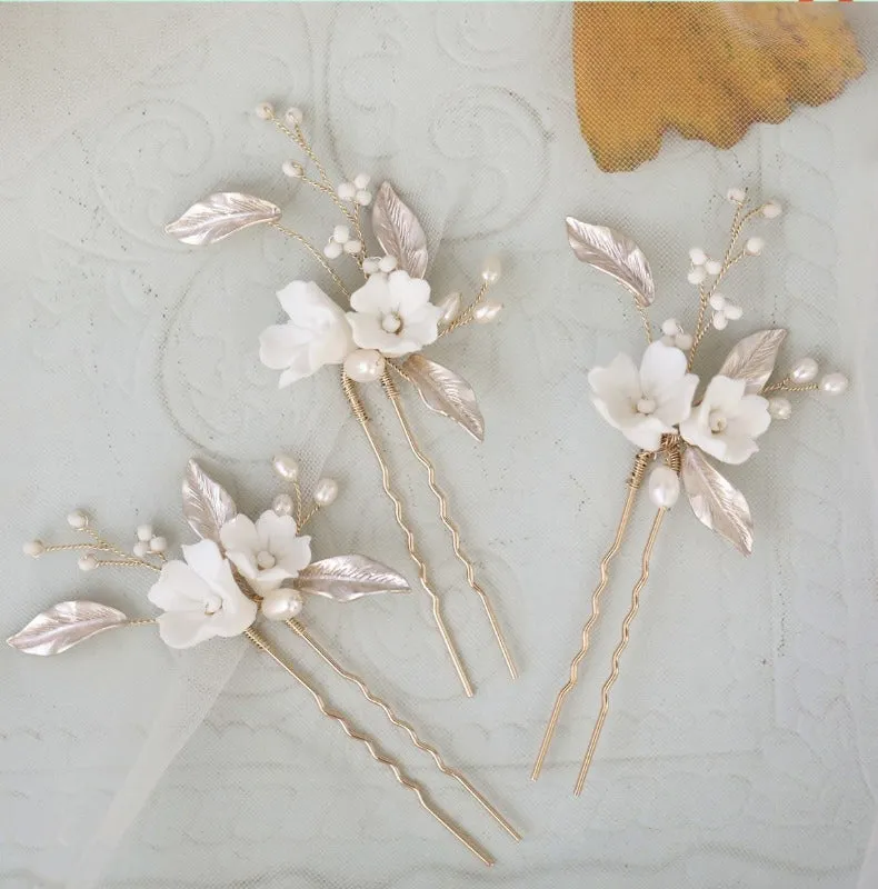 C194 boho bridal hair comb, clay flower with silver/champagne leaves