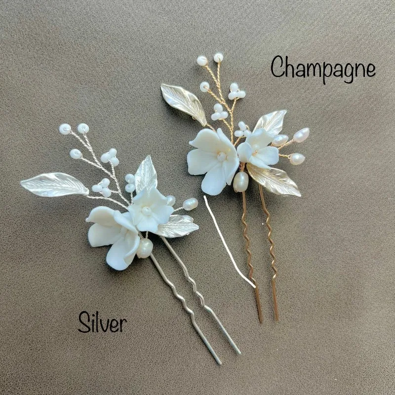 C194 boho bridal hair comb, clay flower with silver/champagne leaves