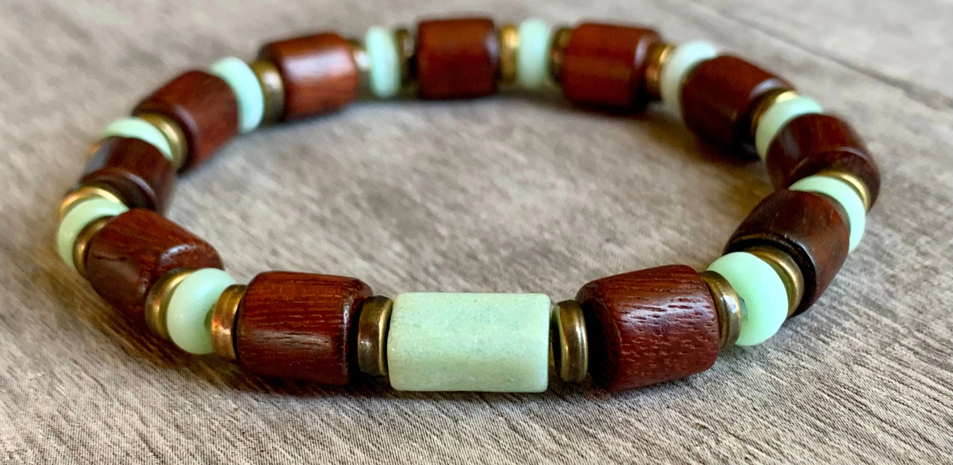 Cameron Handmade Chrysoprase, Cats Eye, Wood, and Antique Gold Expandable Bracelet