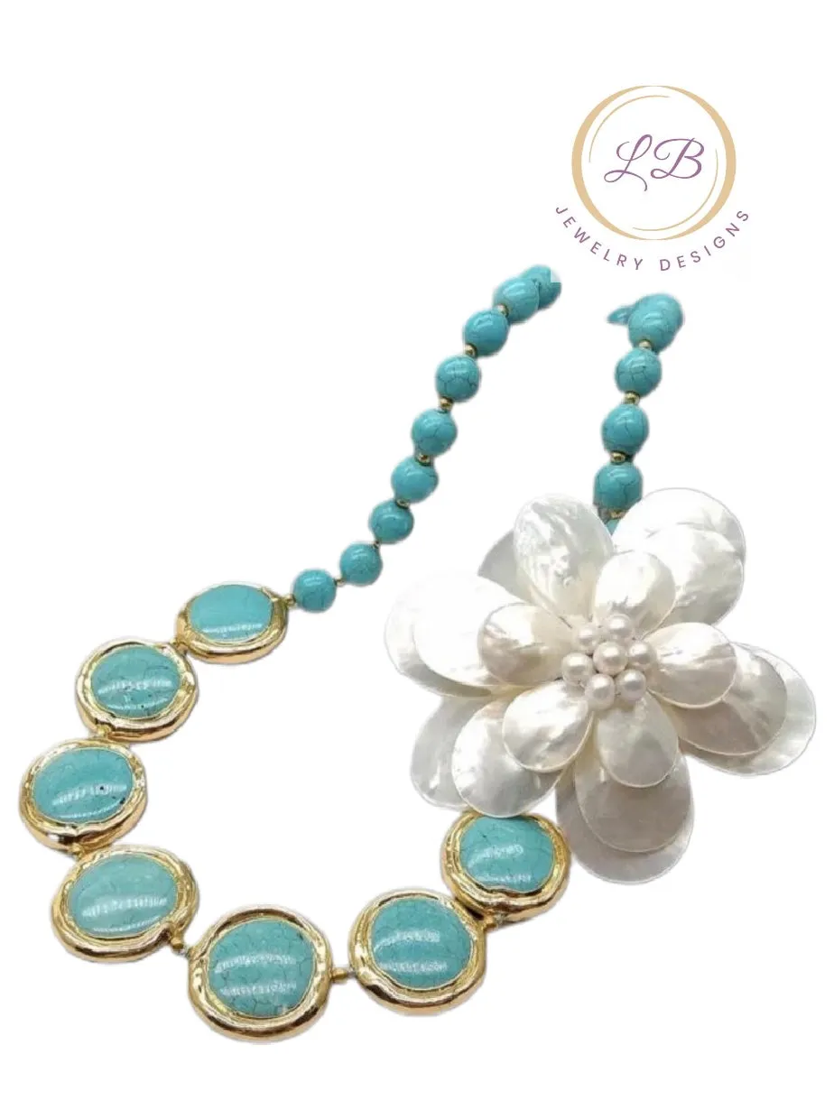 Coastal Turquoise & Pearl Pendant Statement Necklace 20”