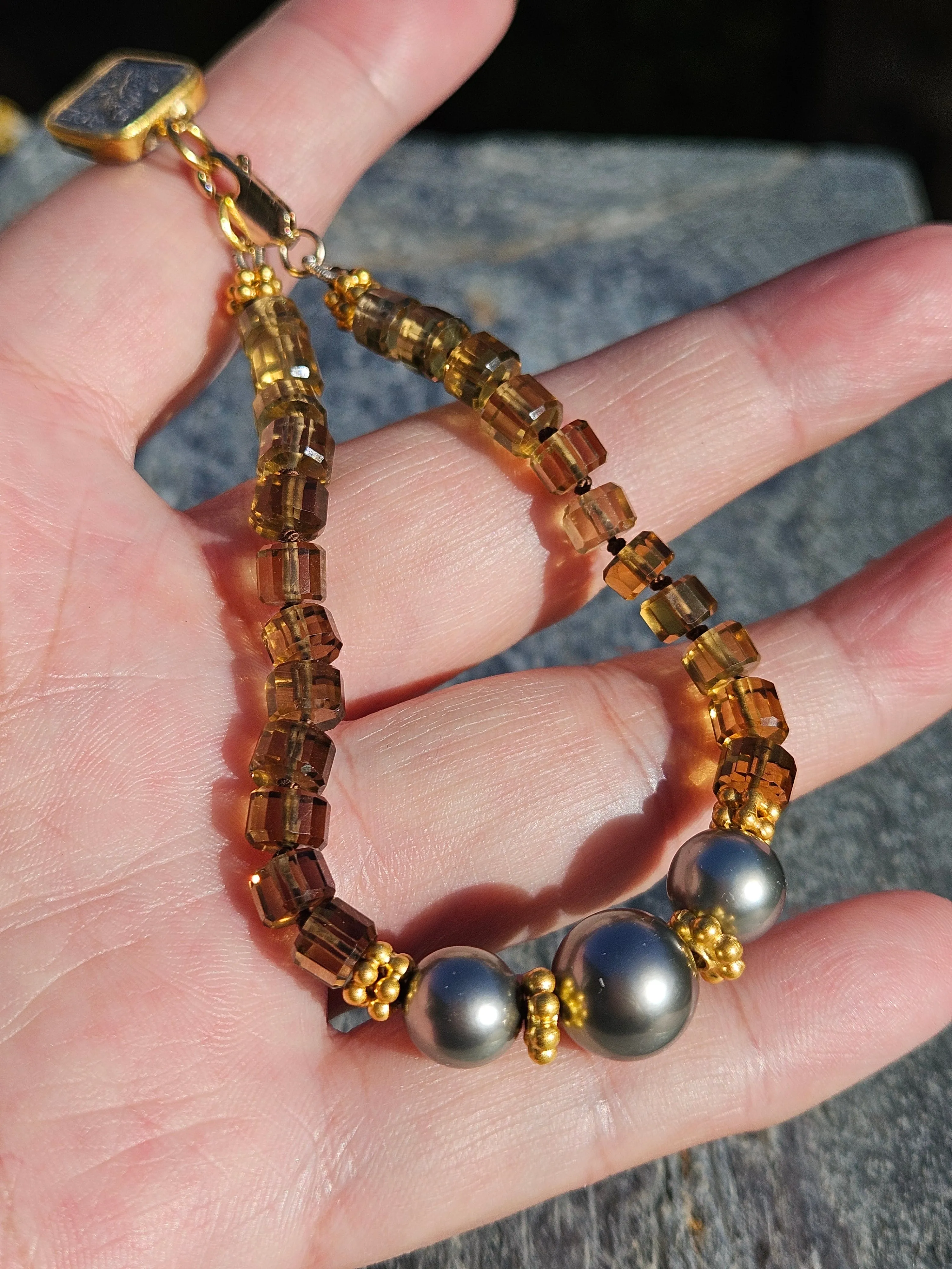 Cognac Quartz Gemstone and Tahitian Pearl 18K Gold Bracelet