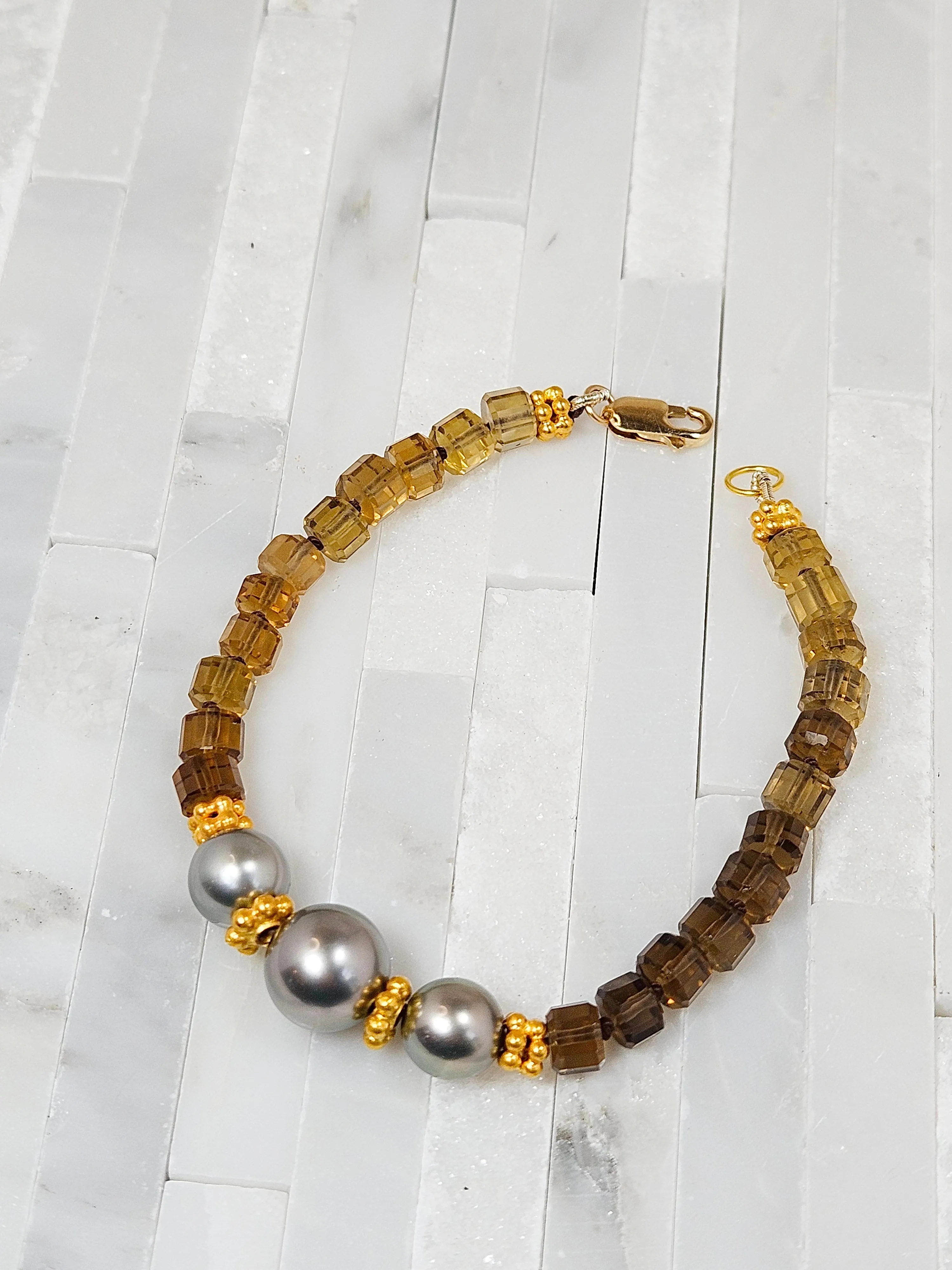 Cognac Quartz Gemstone and Tahitian Pearl 18K Gold Bracelet