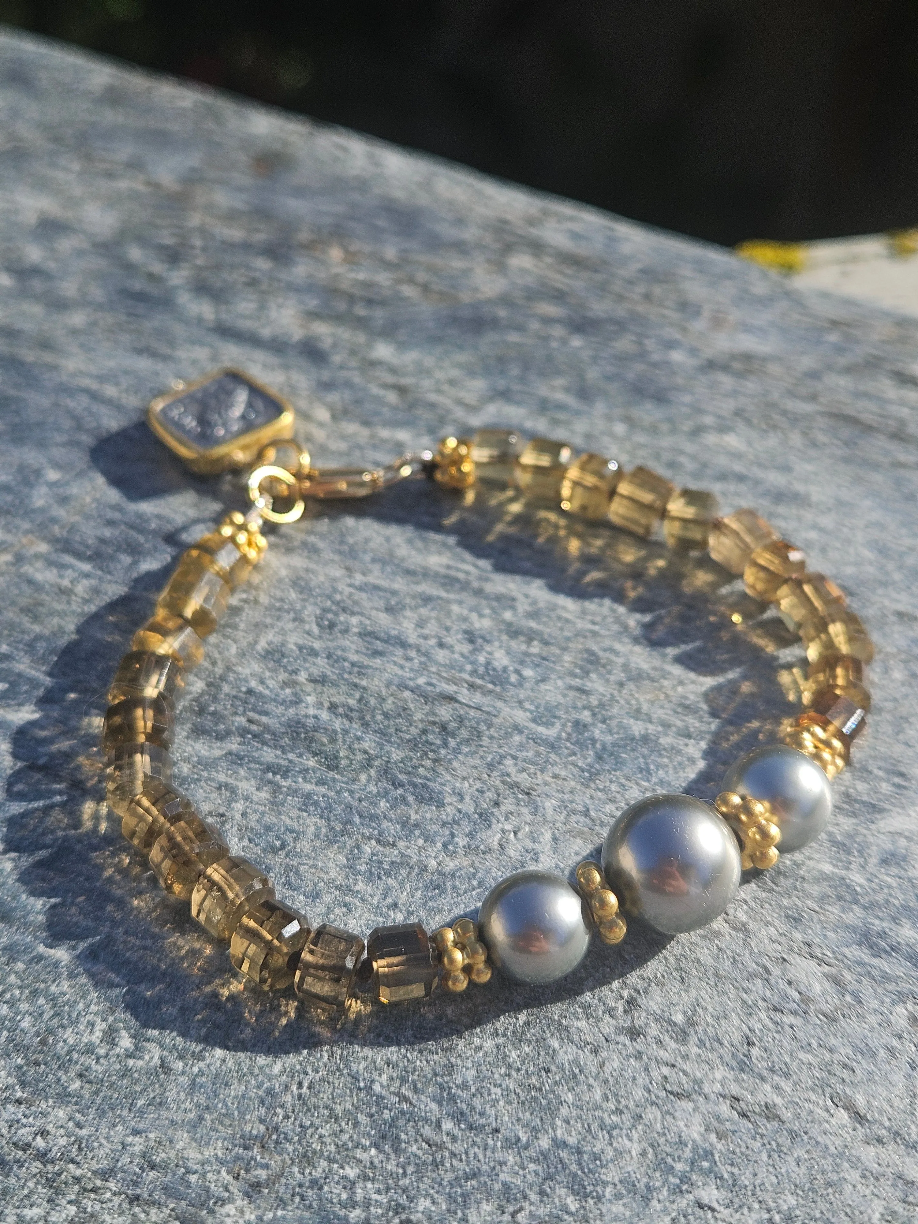 Cognac Quartz Gemstone and Tahitian Pearl 18K Gold Bracelet