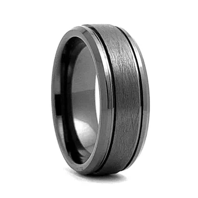 Comfort Fit 8mm High-Tech Ceramic Wedding Ring with High Polish Beveled Edges and Meteorite-Look Center