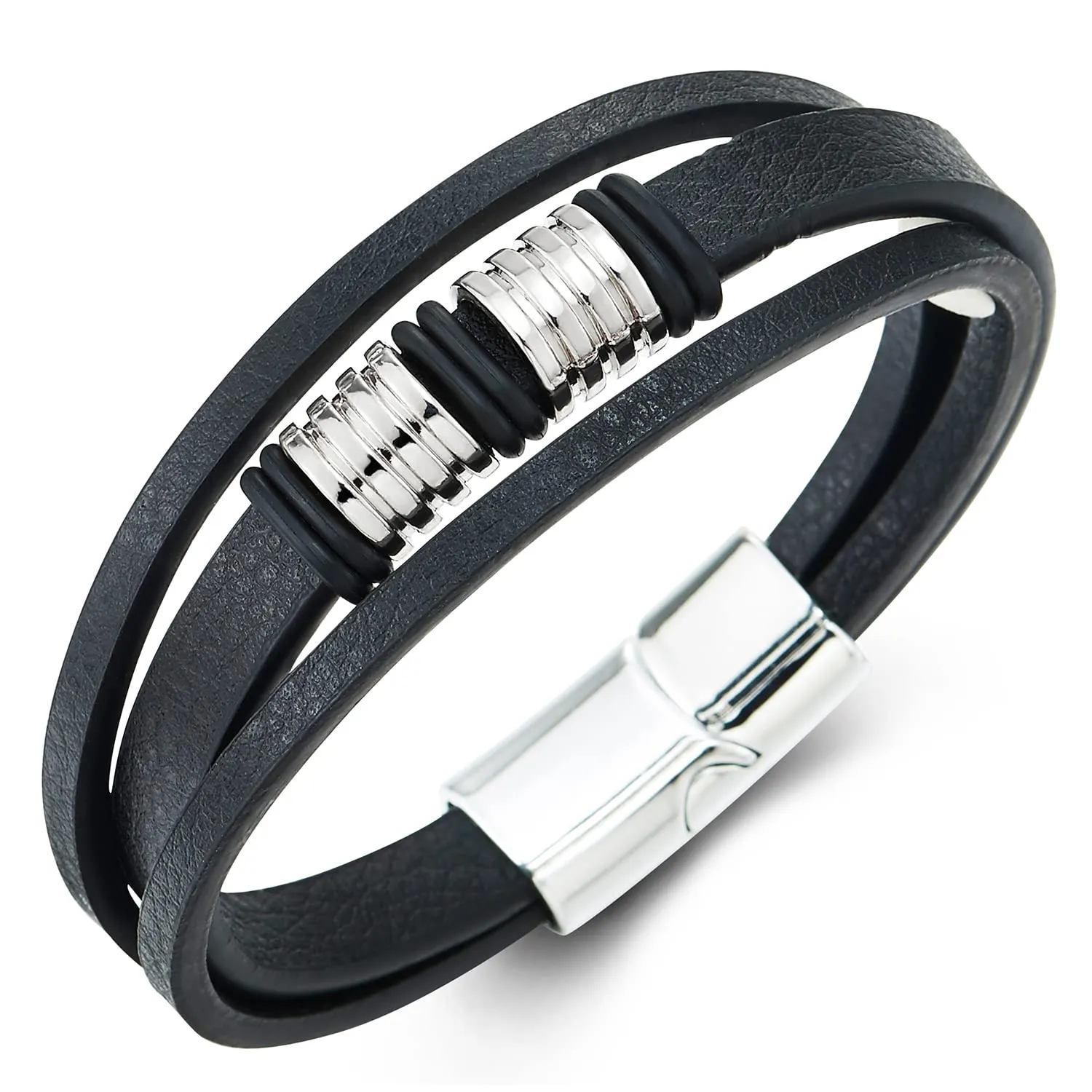 COOLSTEELANDBEYOND Three-strand Braided Leather Bracelet for Men Women Black Genuine Leather Bangle with Grooved Metal Charms