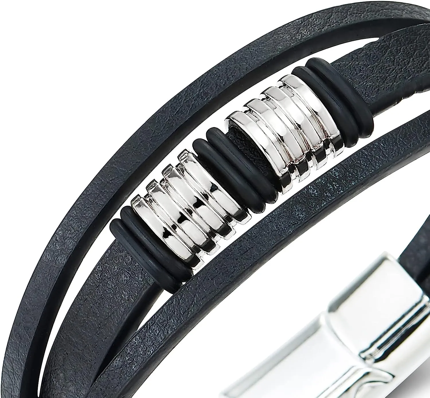 COOLSTEELANDBEYOND Three-strand Braided Leather Bracelet for Men Women Black Genuine Leather Bangle with Grooved Metal Charms