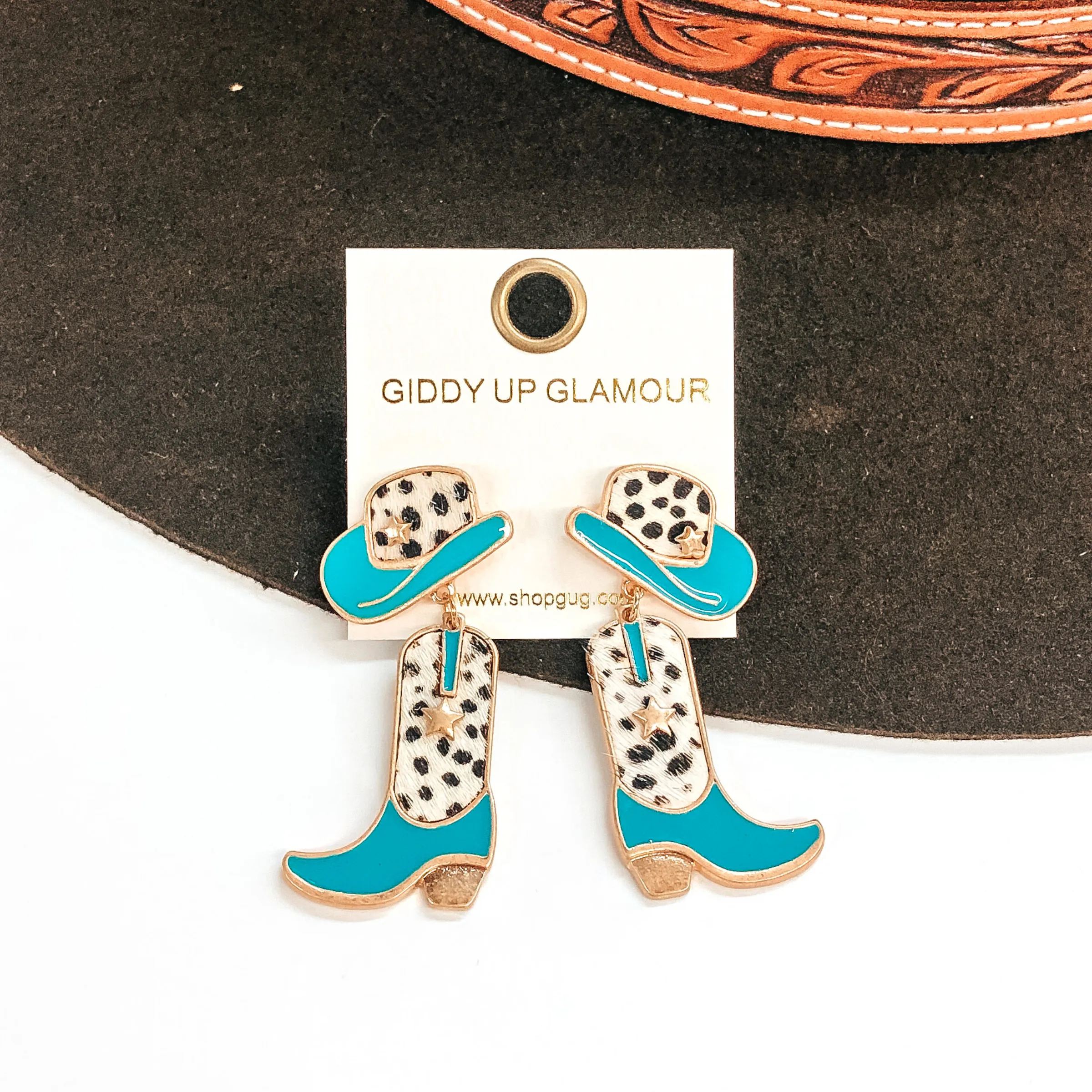 Cowgirl Dreams Hat and Boot Earrings in Turquoise and Faux Hide Dotted Print