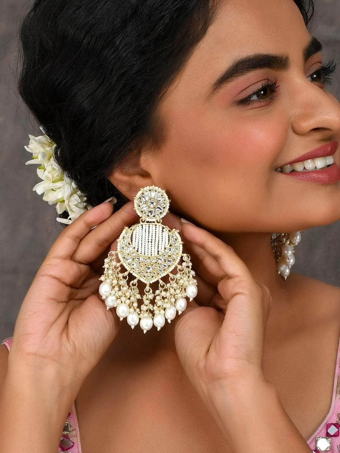 Creamy White Chandbali Kundan Pearl Earrings