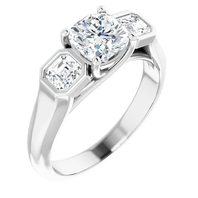 Cubic Zirconia Engagement Ring- The Alana Marie (Customizable 3-stone Cathedral Cushion Cut Design with Twin Asscher Cut Side Stones)