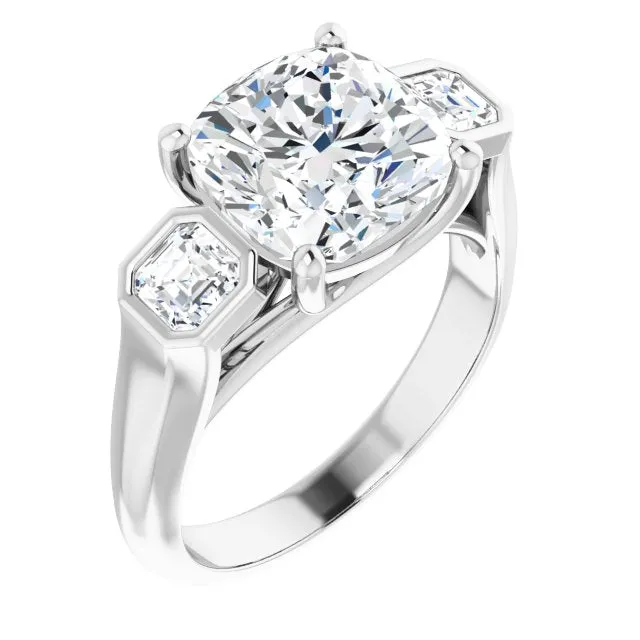 Cubic Zirconia Engagement Ring- The Alana Marie (Customizable 3-stone Cathedral Cushion Cut Design with Twin Asscher Cut Side Stones)