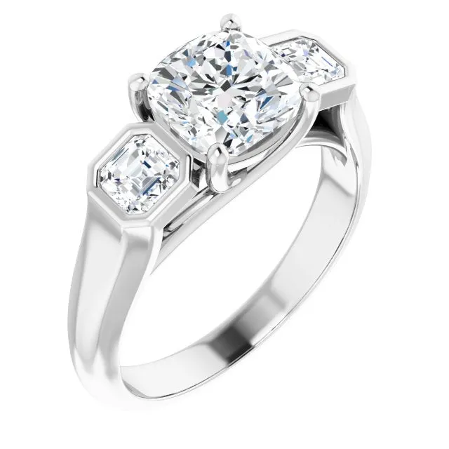 Cubic Zirconia Engagement Ring- The Alana Marie (Customizable 3-stone Cathedral Cushion Cut Design with Twin Asscher Cut Side Stones)