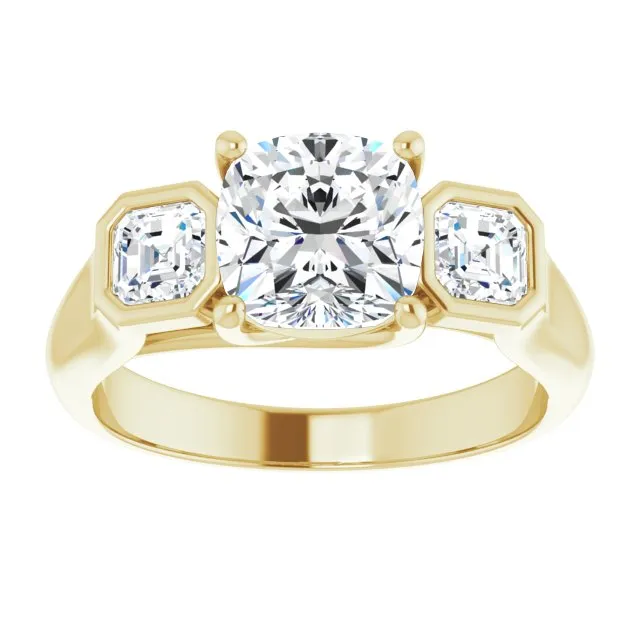 Cubic Zirconia Engagement Ring- The Alana Marie (Customizable 3-stone Cathedral Cushion Cut Design with Twin Asscher Cut Side Stones)