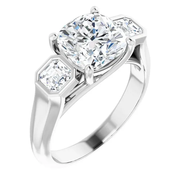 Cubic Zirconia Engagement Ring- The Alana Marie (Customizable 3-stone Cathedral Cushion Cut Design with Twin Asscher Cut Side Stones)