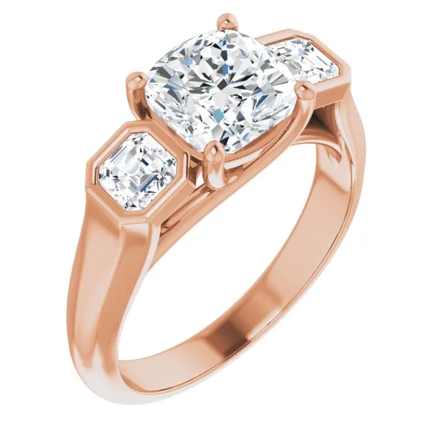 Cubic Zirconia Engagement Ring- The Alana Marie (Customizable 3-stone Cathedral Cushion Cut Design with Twin Asscher Cut Side Stones)